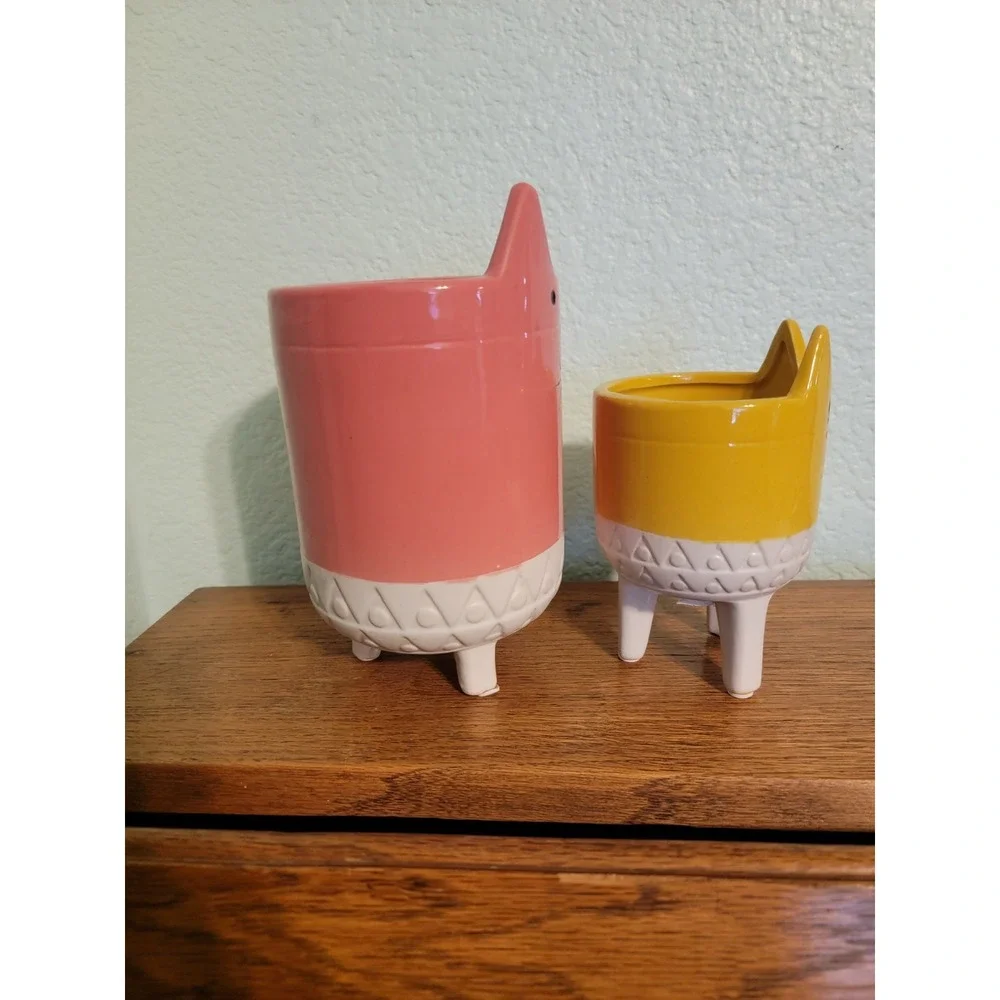 Three Hands Corp Kitty‎ Cat Ceramic Planter Flower Pot Set 2 6.5